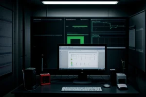 layar monitor menampilkan indikator latensi rendah jaringan erp dan grafik konektivitas stabil di ruang admin gudang