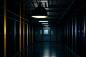 seorang teknisi memeriksa tumpukan kabel jaringan berantakan di dalam ruang server yang belum tertata