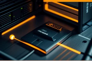 peta cetak biru gedung kantor dengan rute kabel jaringan menyala dari ruang server ke meja kerja