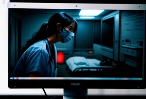 dokter bedah panik melihat layar monitor rekam medis elektronik loading di ruang igd