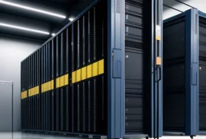 penataan manajemen kabel utp dan fiber optik yang sangat rapi di dalam standard rack server data center