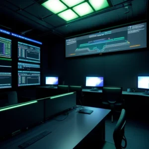 administrator jaringan sedang memantau grafik traffic internet kantor di ruang kontrol