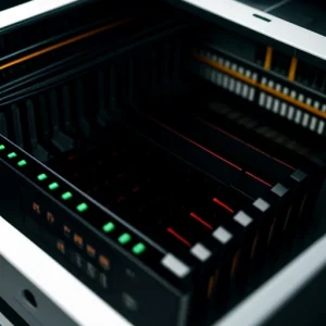 susunan kabel lan yang rapi dan terlabel di dalam rack server kantor profesional