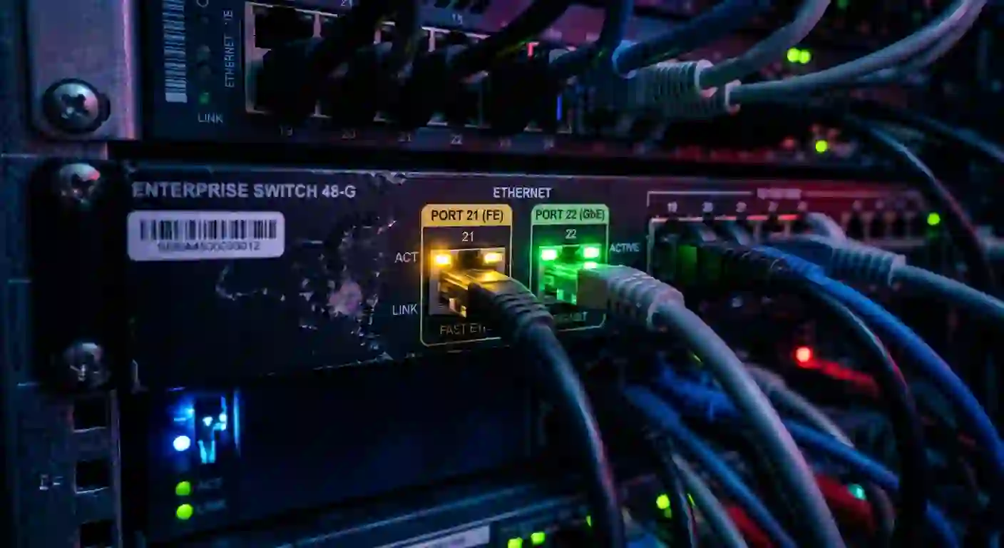 Perbedaan status indikator lampu LED kuning dan hijau pada switch gigabit Perbedaan status indikator lampu LED kuning dan hijau pada switch gigabit