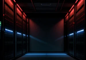 Infrastruktur rak server data center yang berkedip dengan lampu indikator keamanan jaringan firewall