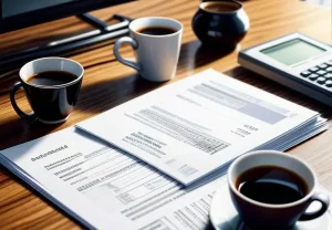 Contoh dokumen legalitas e-faktur dan tagihan resmi ISP B2B di atas meja kerja akuntansi