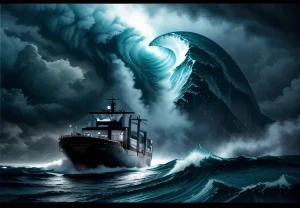 ISP Kapal Laut: VSAT, Gyro & SD-WAN Penakluk Ombak Ganas Kapal kargo besar menerjang ombak ganas di tengah samudra dengan radome antena satelit putih di atap anjungan
