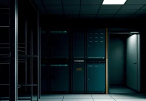 Rak server di dalam ruang IT kapal yang menampilkan perangkat router SD-WAN dan firewall berkedip
