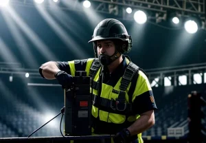 teknisi memasang access point high density di rigging panggung konser