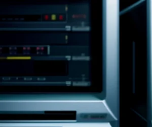 Teknisi jaringan sedang mengkonfigurasi hardware firewall enterprise kelas bank di ruang server