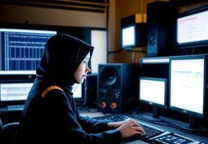 penyiar radio wanita berhijab sedang berbicara di mikrofon studio