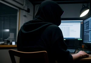 Ilustrasi arsitek menyelesaikan proses upload file tender di depan layar komputer tepat waktu