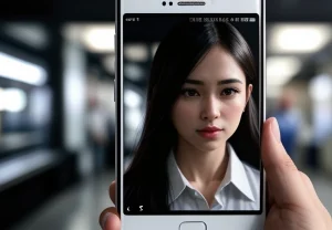 Seseorang memegang ponsel pintar yang menampilkan aplikasi pemantau CCTV dengan logo buffering memutar di tengah layar