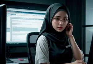 staf keuangan wanita sedang stres di depan komputer lembur laporan pajak