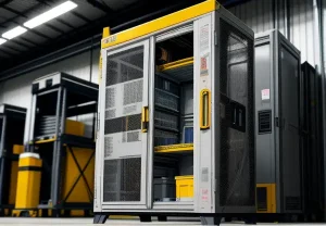 Rak kabinet server mini NEMA 12 yang tertutup rapat dengan unit AC pendingin terpasang di pintunya, terletak di dalam gudang pabrik.