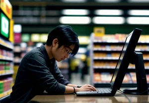 teknisi IT memeriksa konfigurasi router mikrotik di dekat mesin kasir supermarket