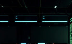 Ruang kontrol Network Operation Center (NOC) dengan layar dashboard pemantauan uptime SLA dan respon mitigasi gangguan 24 jam.
