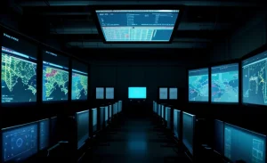 Infrastruktur rak server ruang operasi NOC (Network Operations Center) memantau koneksi Dedicated klien