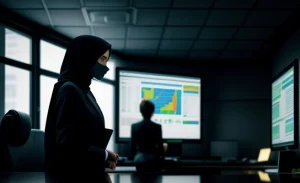 Teknisi IT kantor memantau dashboard topologi SD WAN dengan failover redundansi
