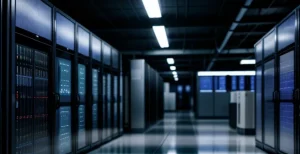 lorong koridor bersih fasilitas data center tier 3 dengan pendingin lantai raised floor canggih