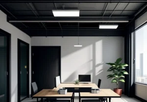 Ilustrasi cakupan sinyal wifi 5GHz yang merata pada meja kerja di dalam coworking space yang luas