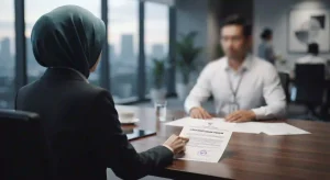 A tense but professional corporate negotiation room. Over-the-shoulder shot from behind a female Pejabat Pembuat Komitmen (PPK)