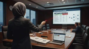 Insinyur jaringan IT dan Pejabat Pembuat Komitmen sedang mengevaluasi draft KAK pengadaan internet BUMN