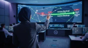 Insinyur jaringan IT wanita memantau layar topologi BGP auto failover radio microwave saat terjadi fiber cut