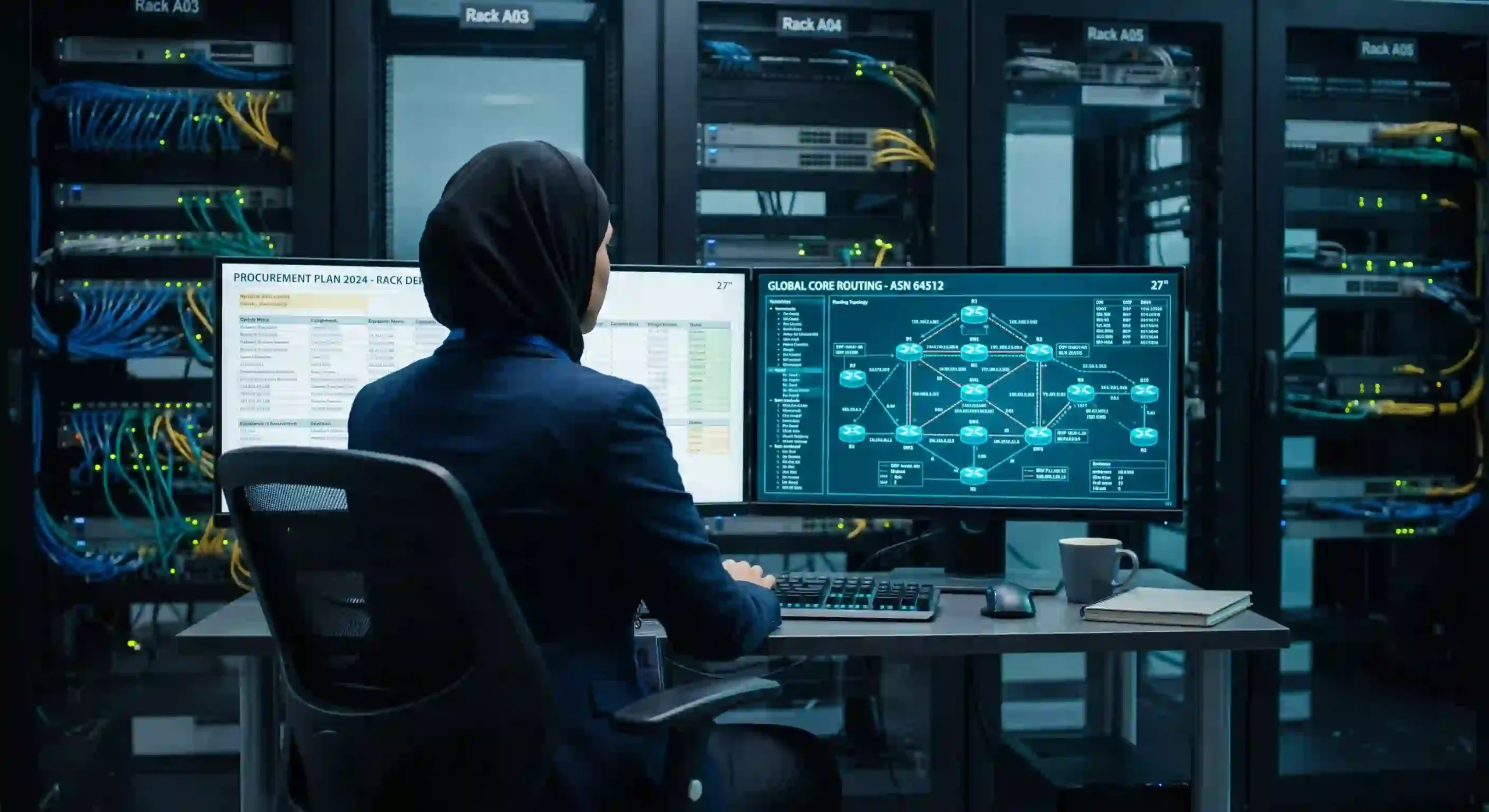 Syarat Lengkap Pengadaan Internet Kantor via E-Katalog LKPP 2026 Seorang network engineer memantau dashboard E-Katalog LKPP dan topologi jaringan BUMN di ruang server
