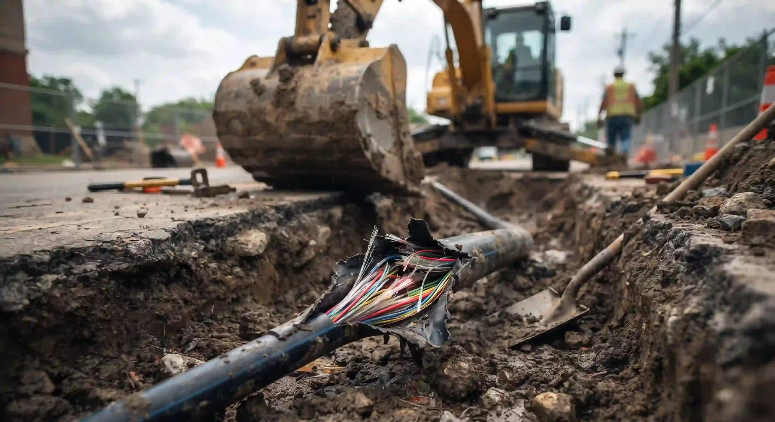 Tumpukan kabel fiber optic yang terputus akibat ekskavator galian tanah di proyek jalan raya, ilustrasi bahaya single link Tumpukan kabel fiber optic yang terputus akibat ekskavator galian tanah di proyek jalan raya, ilustrasi bahaya single link