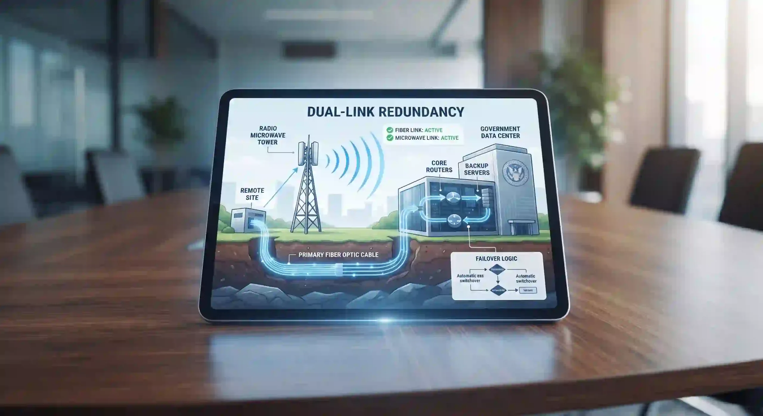 Visualisasi arsitektur redundansi dual-link fiber optik dan radio microwave sebagai standar spesifikasi teknis KAK Visualisasi arsitektur redundansi dual-link fiber optik dan radio microwave sebagai standar spesifikasi teknis KAK