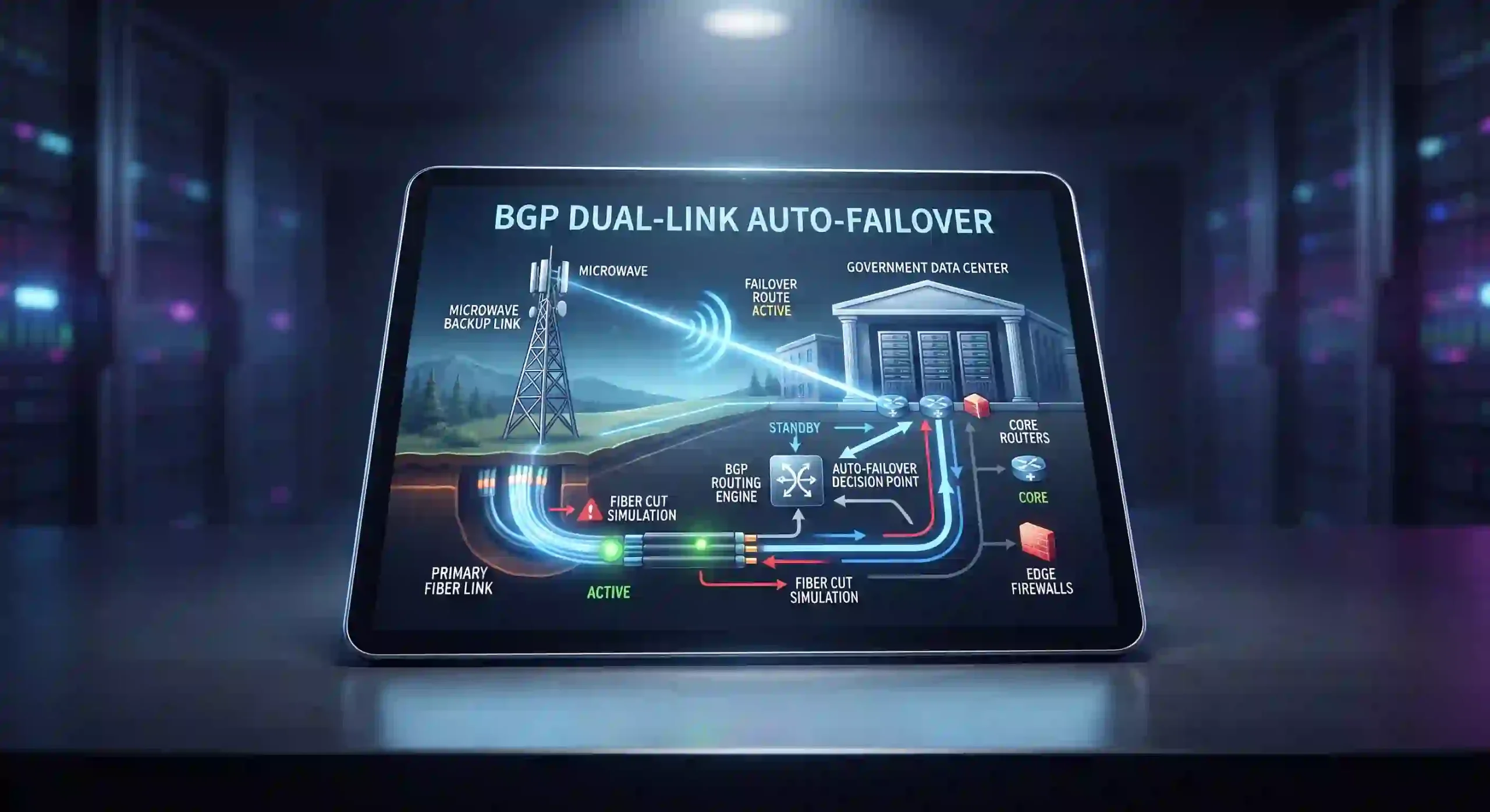 Visualisasi arsitektur redundansi dual-link menggunakan kabel bawah tanah fiber optic dan menara transmisi radio microwave Visualisasi arsitektur redundansi dual-link menggunakan kabel bawah tanah fiber optic dan menara transmisi radio microwave