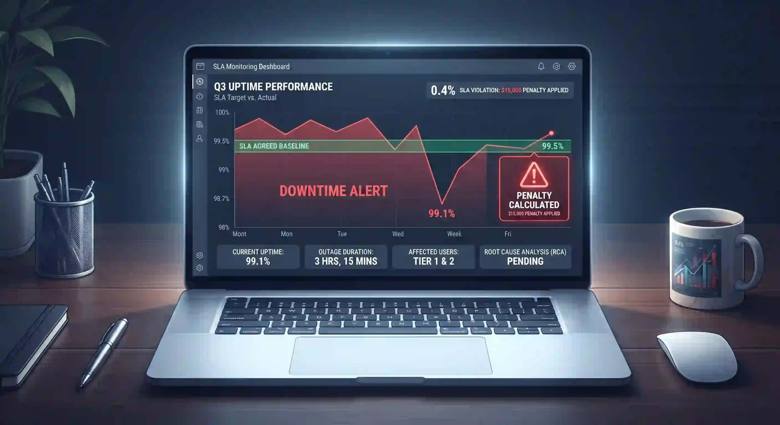 Visualisasi grafik penurunan SLA uptime internet di bawah 99.5 persen pada dashboard monitoring korporat Visualisasi grafik penurunan SLA uptime internet di bawah 99.5 persen pada dashboard monitoring korporat
