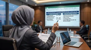 Over-the-shoulder shot of a female IT engineer in a neat grey professional hijab and modest business suit, pointing with a pen at a large glowing projection screen displaying an 'AUDIT INFRASTRUKTUR IT & ANALISIS ROI DEDICATED LINK 2026 - JAKARTA SELATAN' spreadsheet. The screen shows detailed financial calculations (CAPEX RP 450 JT, OPEX RP 35 JT, Cost of Downtime RP 2.1 Miliar) and network metrics (Dedicated Bandwidth 1 Gbps Symmetric, Uptime 99.99%). Several blurred attendees are around the polished wood table with procurement documents and a silver laptop.