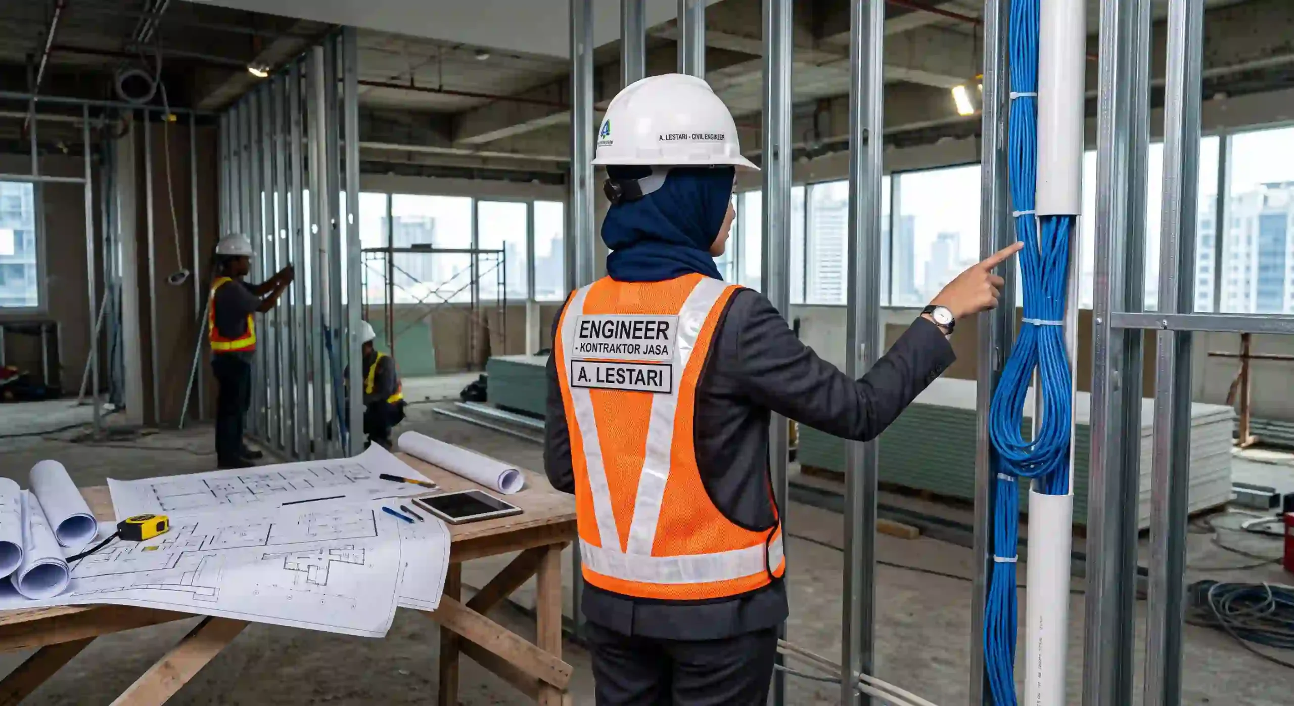 Insinyur sipil wanita berhijab tampak belakang, mengenakan helm putih dan rompi pengaman, menunjuk kabel data biru yang rapi dalam saluran PVC di lokasi renovasi kantor, dengan meja kerja kayu dan denah lantai bergulung di dekatnya. Insinyur sipil wanita berhijab tampak belakang, mengenakan helm putih dan rompi pengaman, menunjuk kabel data biru yang rapi dalam saluran PVC di lokasi renovasi kantor, dengan meja kerja kayu dan denah lantai bergulung di dekatnya.
