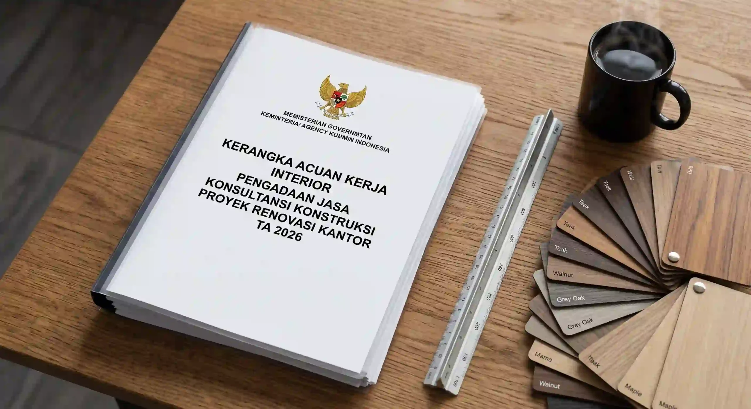 Close-up flat lay dokumen pengadaan pemerintah Indonesia 'Kerangka Acuan Kerja Interior' dengan logo Garuda, disusun bersama berbagai sampel HPL serat kayu berkualitas tinggi dan penggaris skala arsitektur profesional di meja konferensi oak premium. Cangkir kopi hitam mengepul di dekatnya. Estetika korporat bersih, fotorealistik, fokus tajam. Tanpa manusia. Close-up flat lay dokumen pengadaan pemerintah Indonesia 'Kerangka Acuan Kerja Interior' dengan logo Garuda, disusun bersama berbagai sampel HPL serat kayu berkualitas tinggi dan penggaris skala arsitektur profesional di meja konferensi oak premium. Cangkir kopi hitam mengepul di dekatnya. Estetika korporat bersih, fotorealistik, fokus tajam. Tanpa manusia.