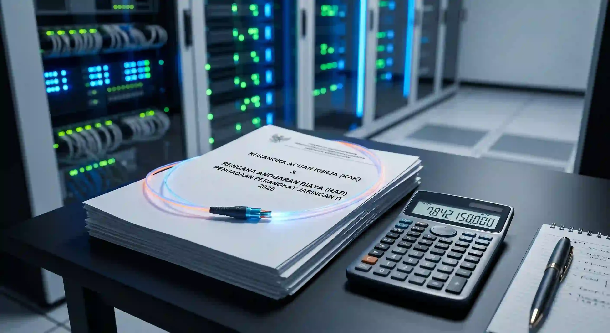Meja administrasi IT di ruang server bersih. Tumpukan dokumen pengadaan keuangan (RAB/KAK) dengan kalkulator modern. Kabel serat optik bercahaya biru-oranye tergeletak melingkari kertas. Pena dan buku catatan spiral di sampingnya. Latar belakang kabur rak server dengan lampu indikator LED biru dan hijau. Tidak ada wajah manusia. Meja administrasi IT di ruang server bersih. Tumpukan dokumen pengadaan keuangan (RAB/KAK) dengan kalkulator modern. Kabel serat optik bercahaya biru-oranye tergeletak melingkari kertas. Pena dan buku catatan spiral di sampingnya. Latar belakang kabur rak server dengan lampu indikator LED biru dan hijau. Tidak ada wajah manusia.