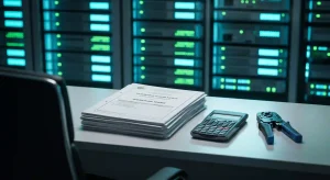 A highly professional IT desk inside a server Network Operation Center (NOC) focused on a stack of engineering worksheets titled 'Kerangka Acuan Kerja' and 'Spesifikasi Teknis', next to a scientific calculator and a network crimping tool, with blurred, glowing cyan and green server racks in the background