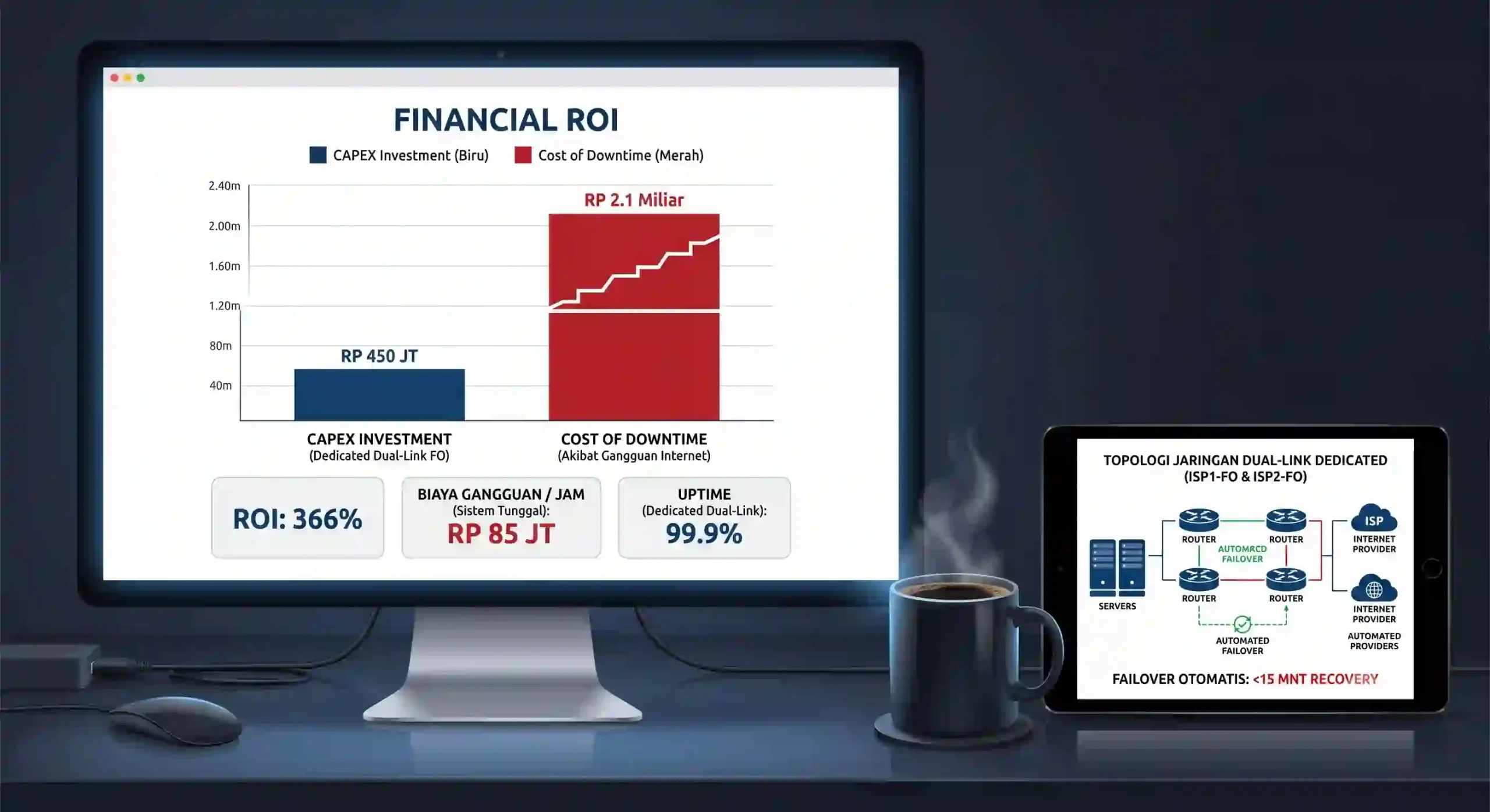 Sleek flat-lay digital illustration showing a glowing computer monitor with a financial ROI bar chart. Chart compares 'CAPEX Investment (Dedicated Dual-Link FO)' at RP 450 JT in blue, against 'Cost of Downtime (Akibat Gangguan Internet)' at RP 2.1 Miliar in red. Additional metrics show ROI 366% and Uptime 99.9%. A cup of black coffee and a digital tablet with a dual-link dedicated (ISP1-FO & ISP2-FO) network topology showing failover paths sit beside the monitor. Sleek flat-lay digital illustration showing a glowing computer monitor with a financial ROI bar chart. Chart compares 'CAPEX Investment (Dedicated Dual-Link FO)' at RP 450 JT in blue, against 'Cost of Downtime (Akibat Gangguan Internet)' at RP 2.1 Miliar in red. Additional metrics show ROI 366% and Uptime 99.9%. A cup of black coffee and a digital tablet with a dual-link dedicated (ISP1-FO & ISP2-FO) network topology showing failover paths sit beside the monitor.