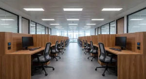Interior kantor korporat ultra-modern kosong yang memukau. Workstation kayu premium solid plywood dan HPL, kursi ergonomis, dan lantai vinyl berat yang bersih. Plafon akustik dengan panel LED flicker-free. Port jaringan Jarak Jauh IT terintegrasi ke dalam furnitur.